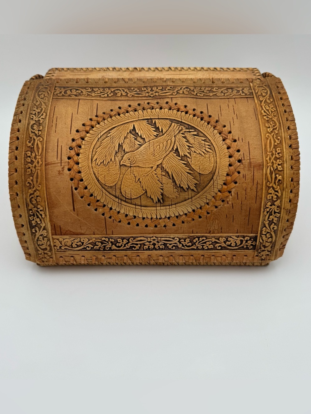 Handcrafted Birch Bark Storage Chest with Bird Carving – Rustic Folk Art